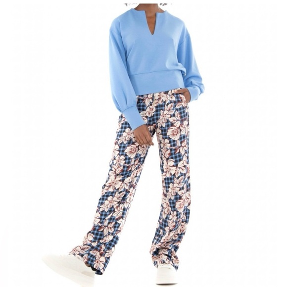 Scotch & Soda Amsterdam Blue Gingham & Burgundy Floral Print Pull On Pants in L - Picture 1 of 11